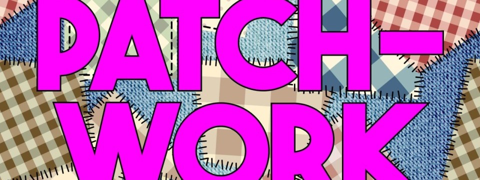 Patchwork words in Purple colours.
jeans material sewn together